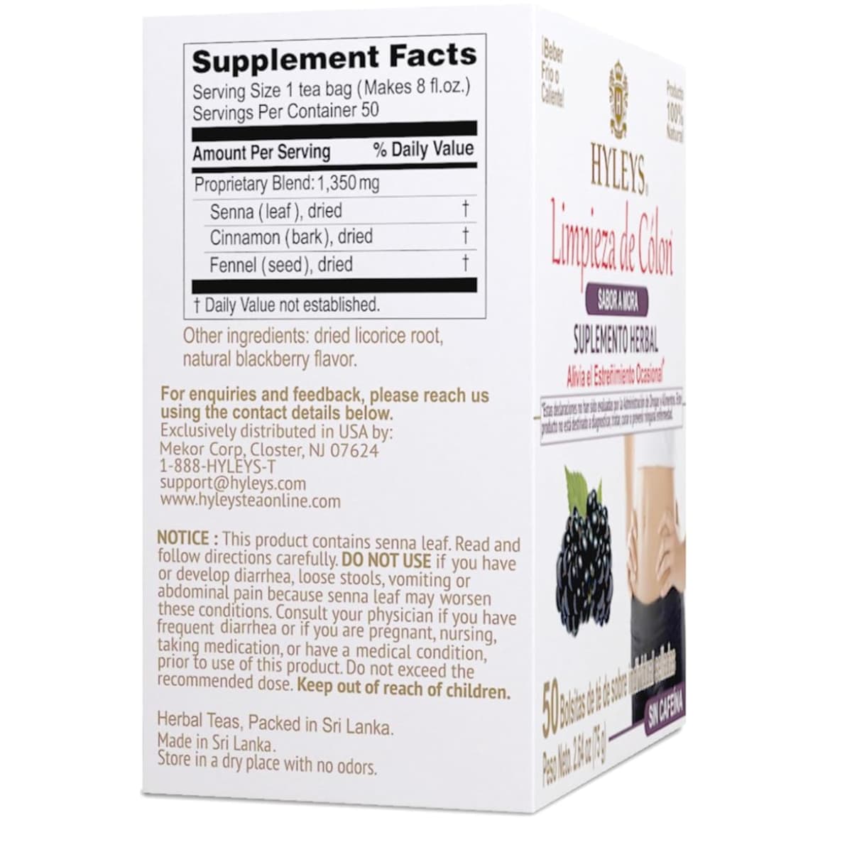 Tabla nutricional del suplemento Té de senna y hierbas sabor mora Hyleys 50 bolsitas