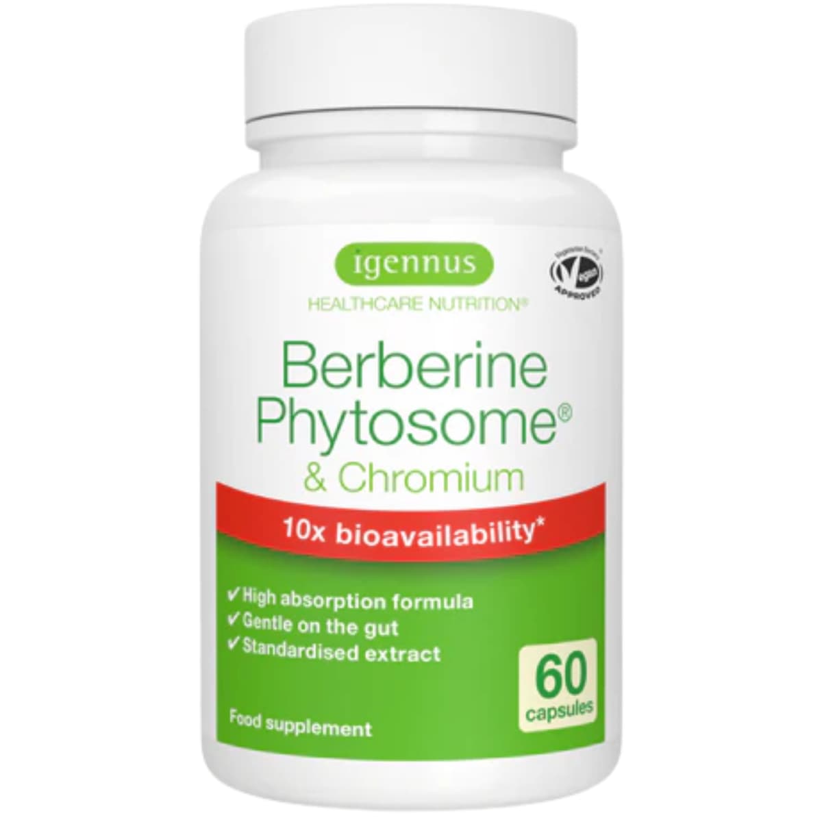 Frasco de suplemento Igennus Healthcare Nutrition Berberine Phytosome & Chromium 60 cápsulas