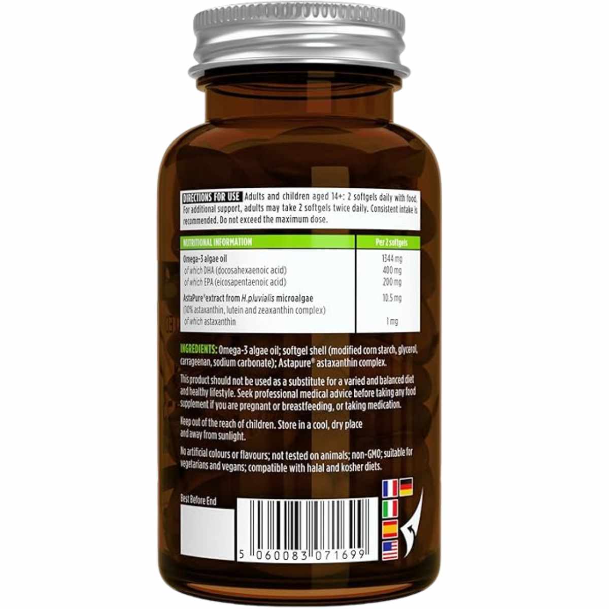 Información nutricional de igennus omega 3 vegano con astaxantina, 180 cápsulas blandas