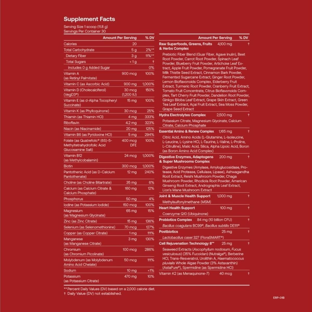 Tabla nutricional del suplemento I.M.8 Daily Ultimate Essentials Acai y Bayas Mixtas 30 sobres