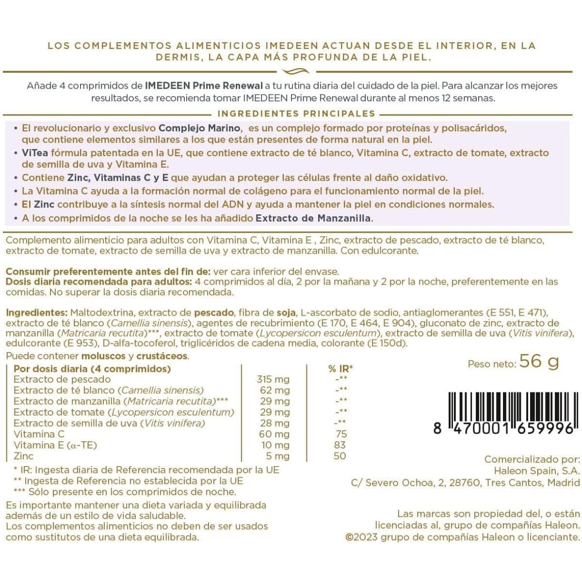 Tabla nutricional del suplemento Imedeen Prime Renewal 120 tabletas
