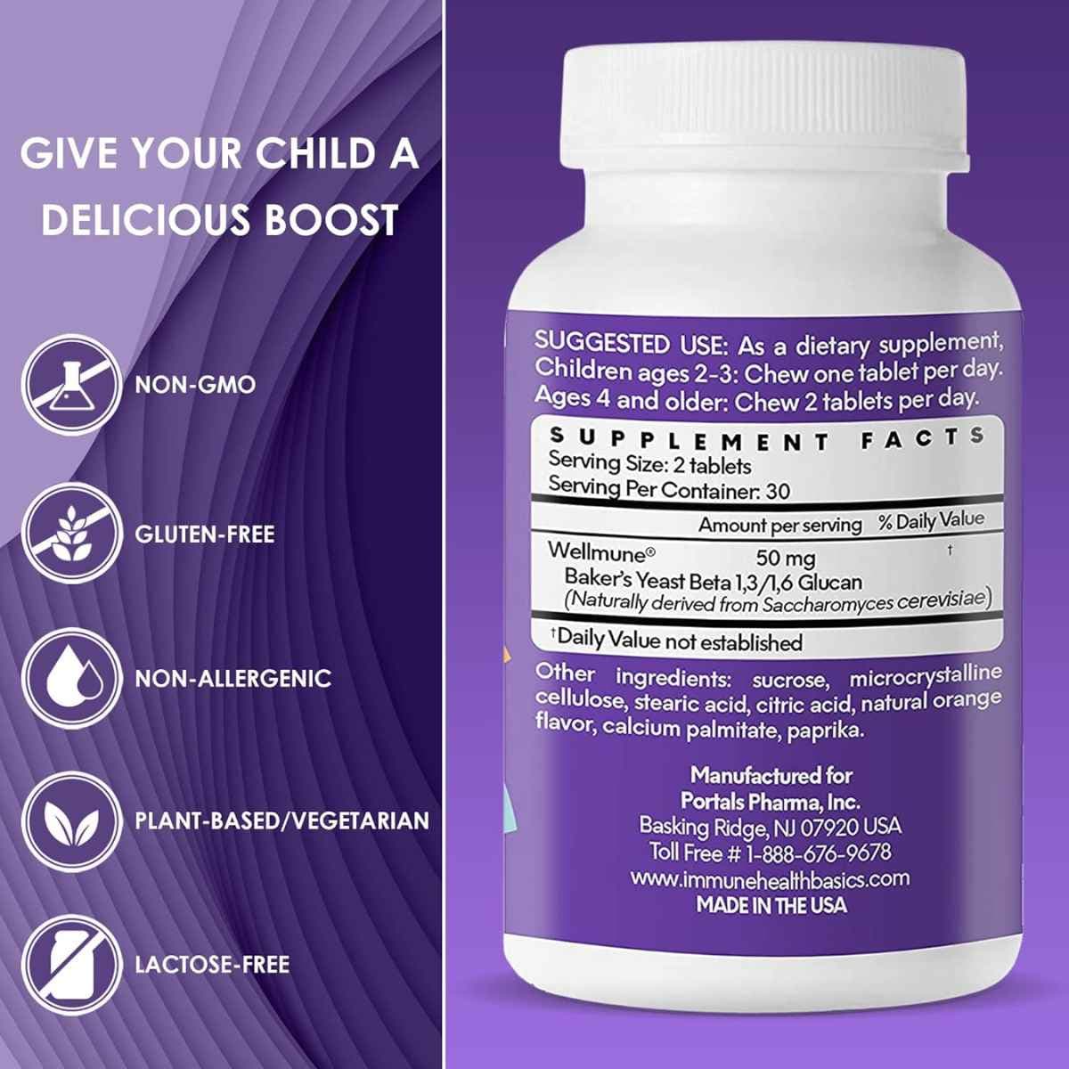 Tabla nutricional del suplemento Immune Health Basics Beta-glucano de levadura 25 mg 60 tabletas