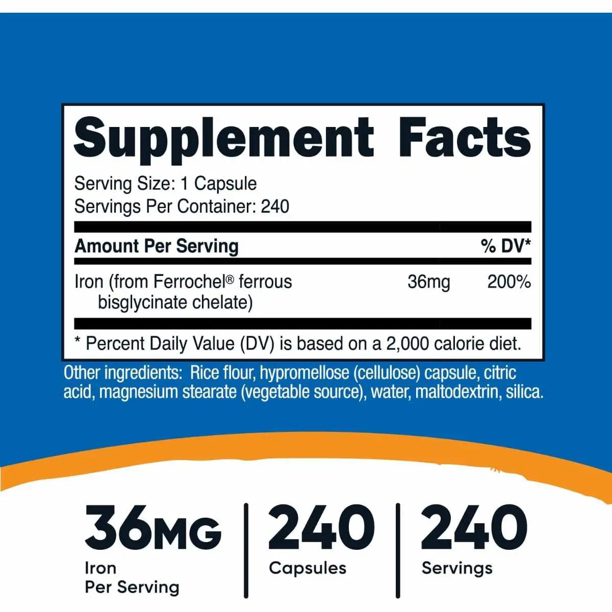 Información del suplemento de hierro quelado de Nutricost - 240 cápsulas.