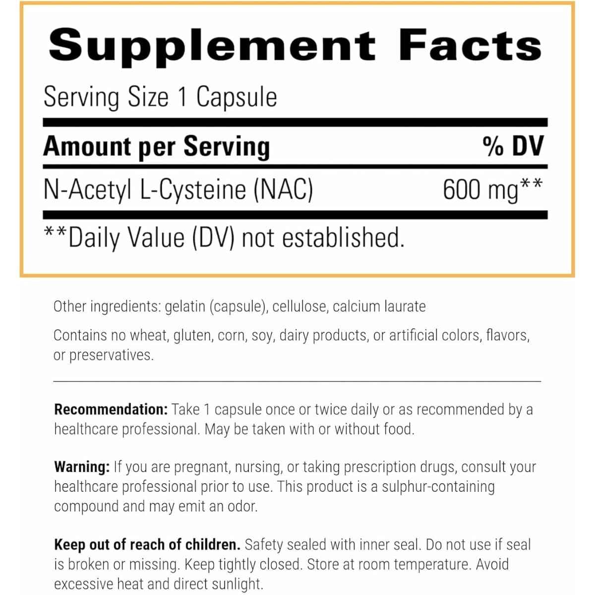 Etiqueta Supplement Facts de Integrative Therapeutics NAC de 600 mg