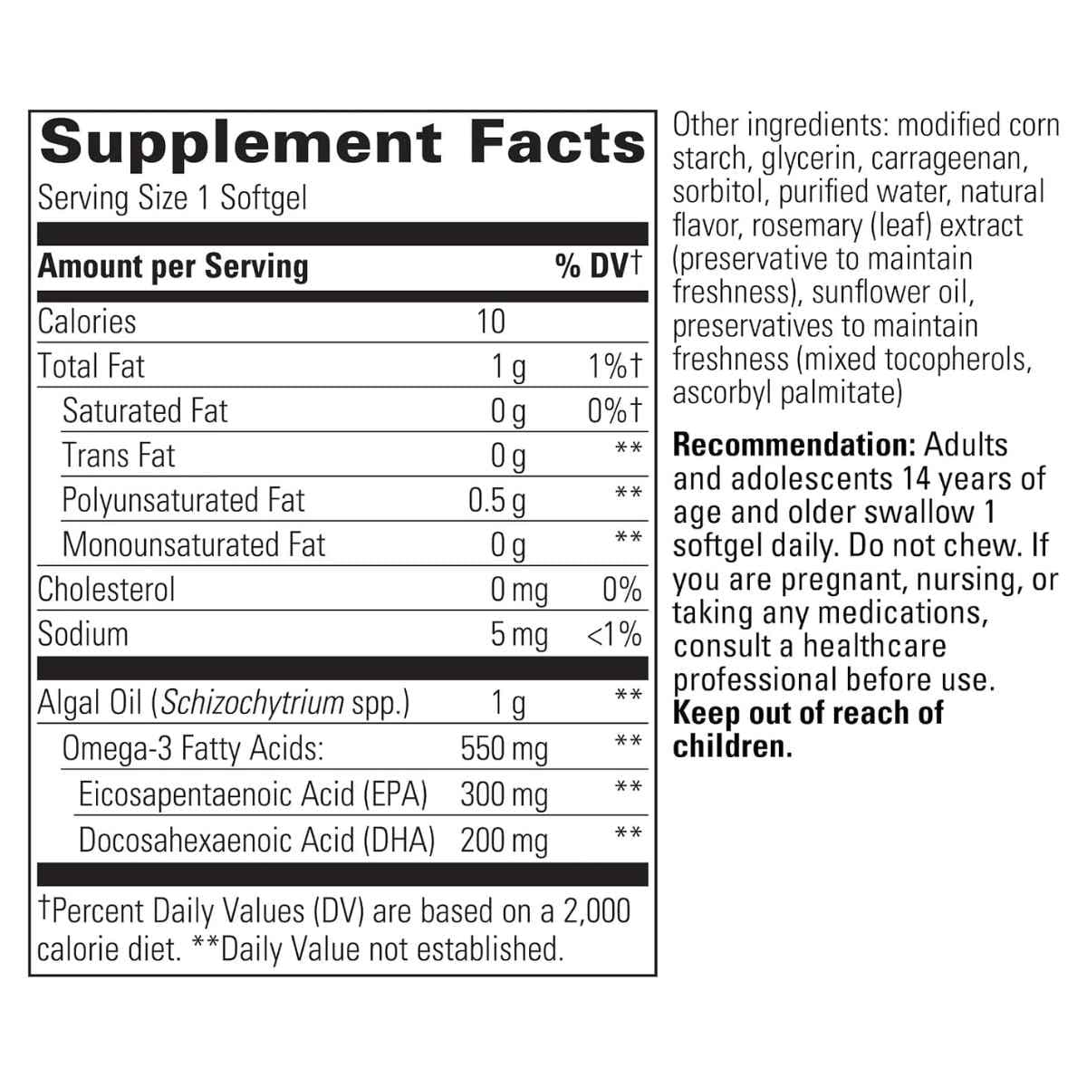 Información del suplemento Integrative Therapeutics Pure Omega Algae 300 mg EPA y 200 mg DHA