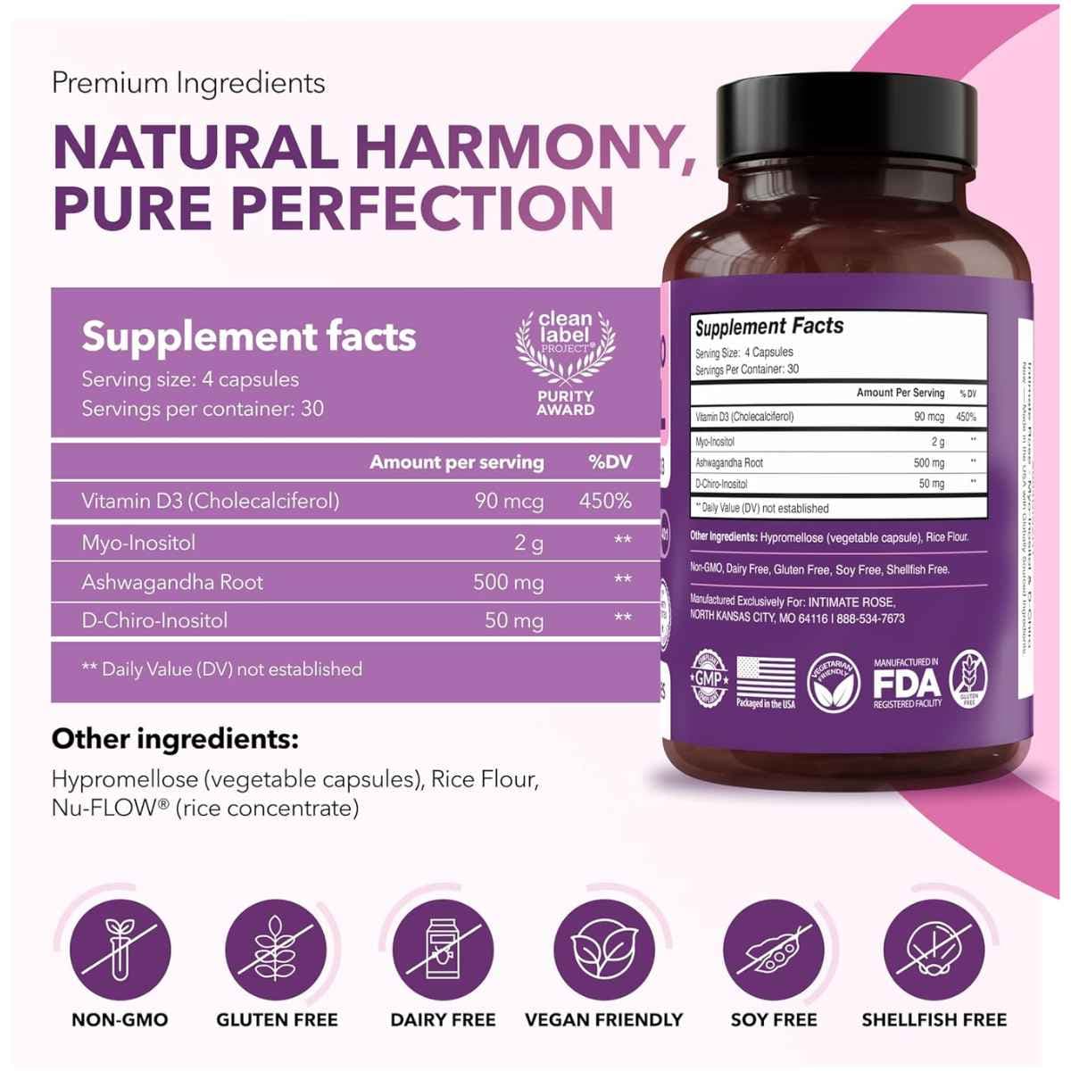 Información del suplemento Intimate Rose inositol 40:1, 120 cápsulas