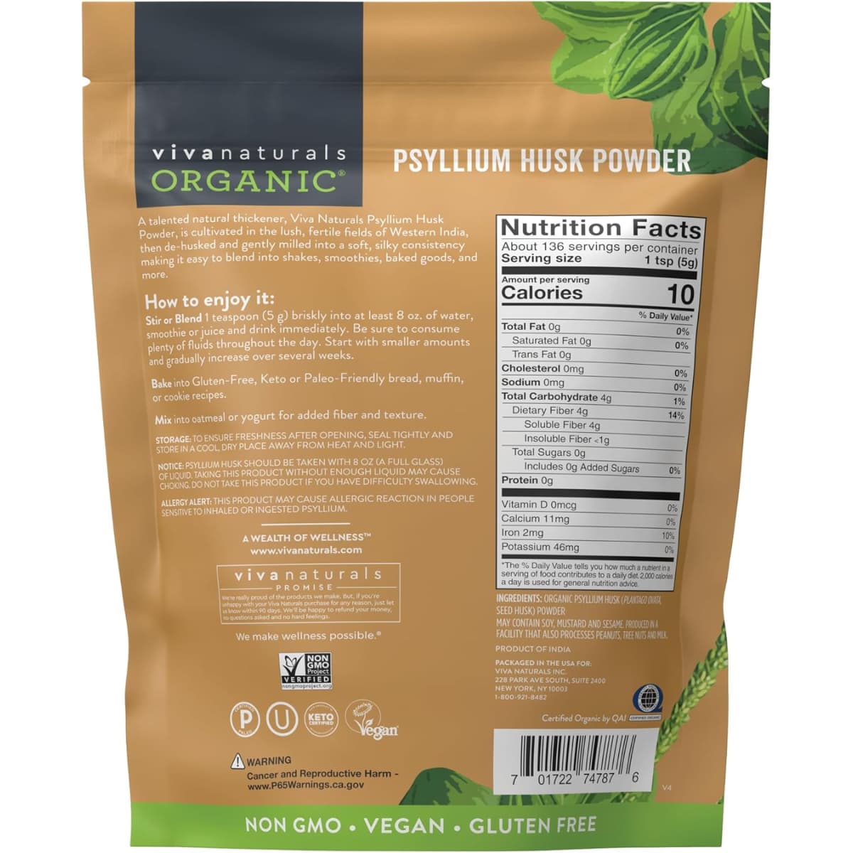 Tabla nutricional del suplemento Viva Naturals Cáscara de Psyllium Orgánica 680 gramos