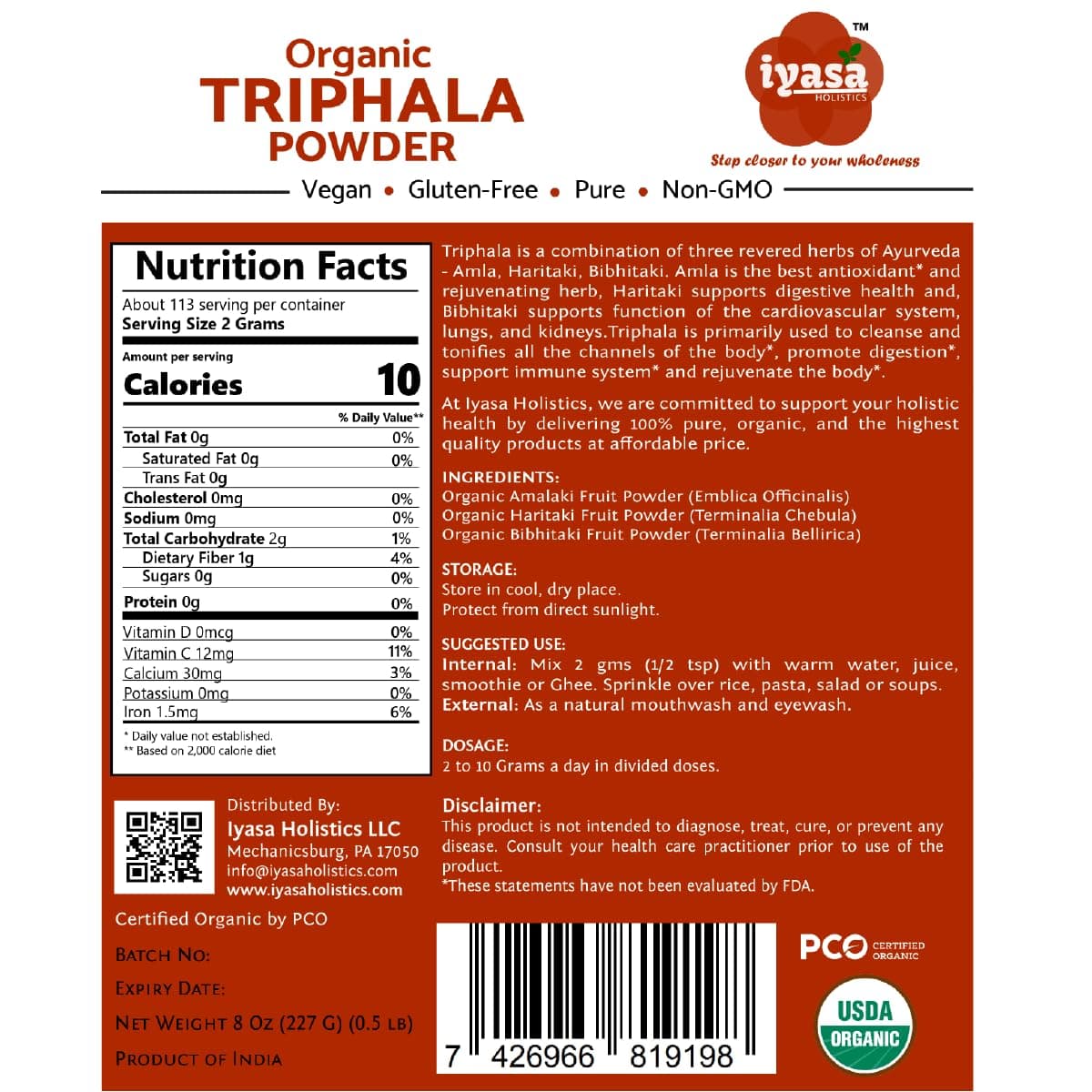 Tabla nutricional del suplemento Iyasa Holistics Triphala Orgánica en Polvo 227 g