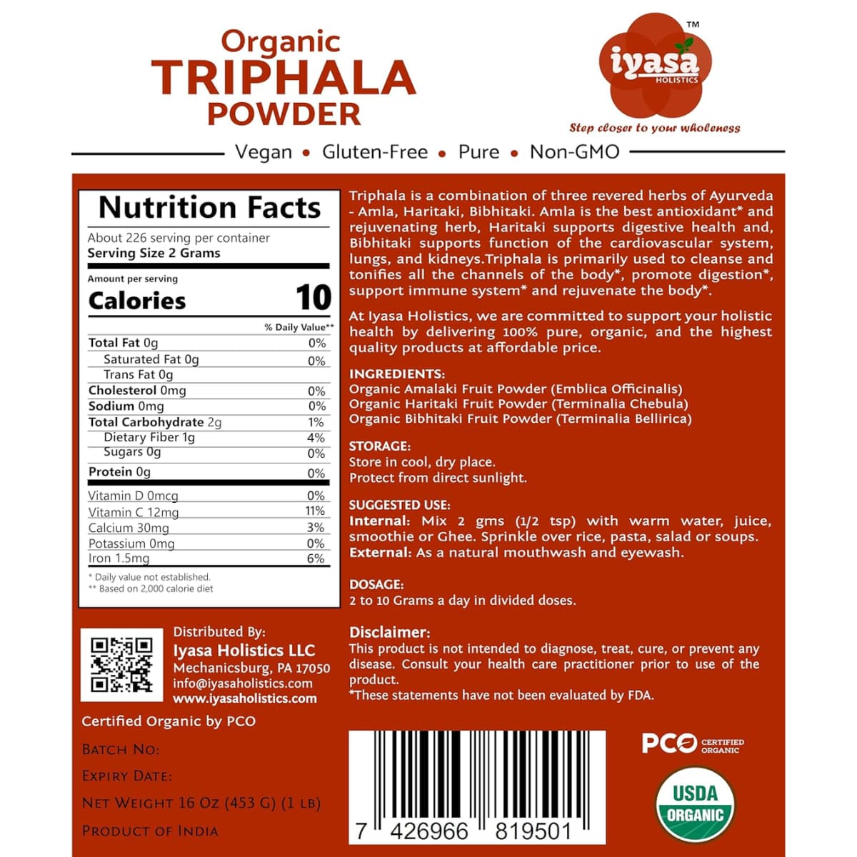 Tabla nutricional del suplemento Iyasa Holistics Triphala Orgánica en Polvo 453 g