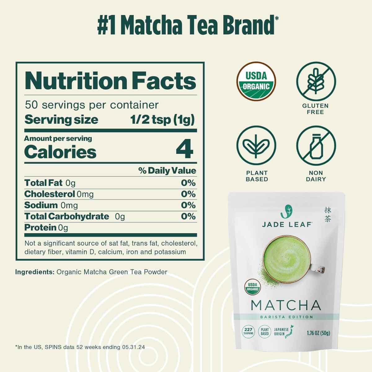 Tabla nutricional del suplemento Jade Leaf Matcha Orgánico 50 g