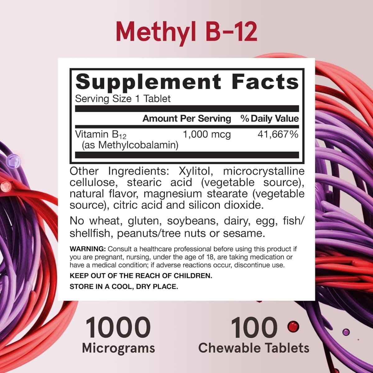Tabla nutricional del suplemento Jarrow Formulas Metil B-12 Limón 1000 mcg 100 tabletas