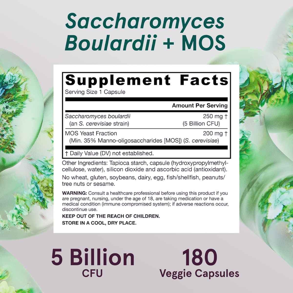 Tabla nutricional del suplemento Jarrow Formulas Saccharomyces Boulardii + MOS 180 cápsulas