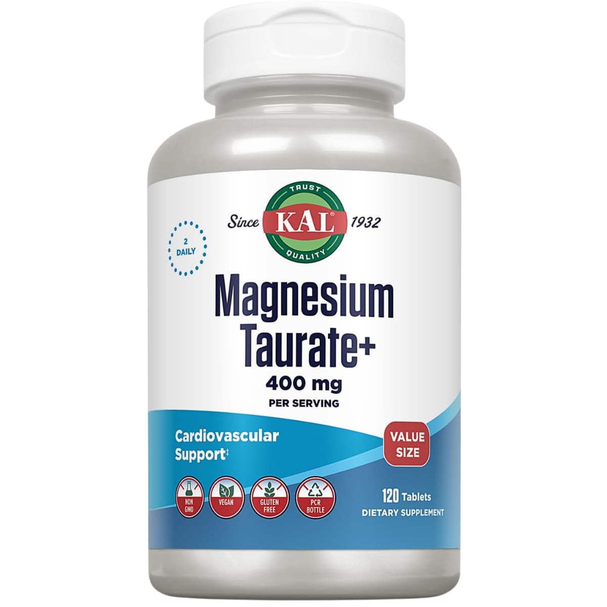Frasco frontal de KAL taurato de magnesio con vitamina B6, 120 tabletas