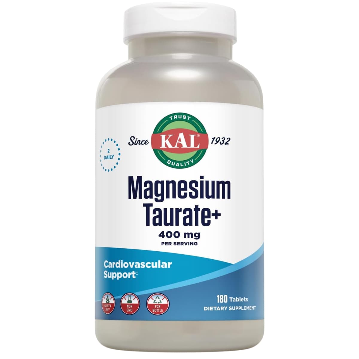 Frasco frontal de KAL taurato de magnesio con vitamina B6, 180 tabletas