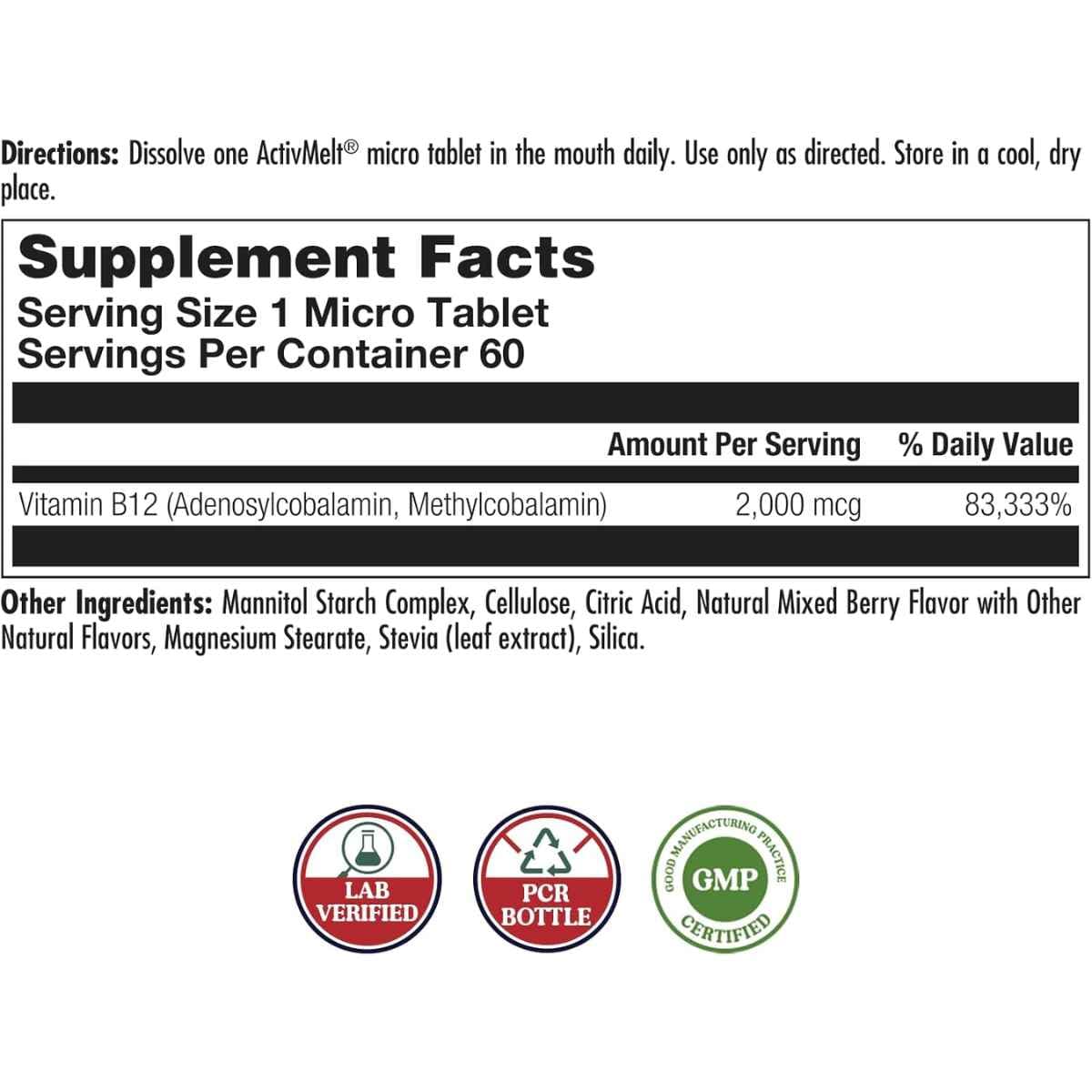 Tabla nutricional del suplemento KAL Vitamina B12 Metilcobalamina y Adenosilcobalamina 2000 mcg 60 micro tabletas