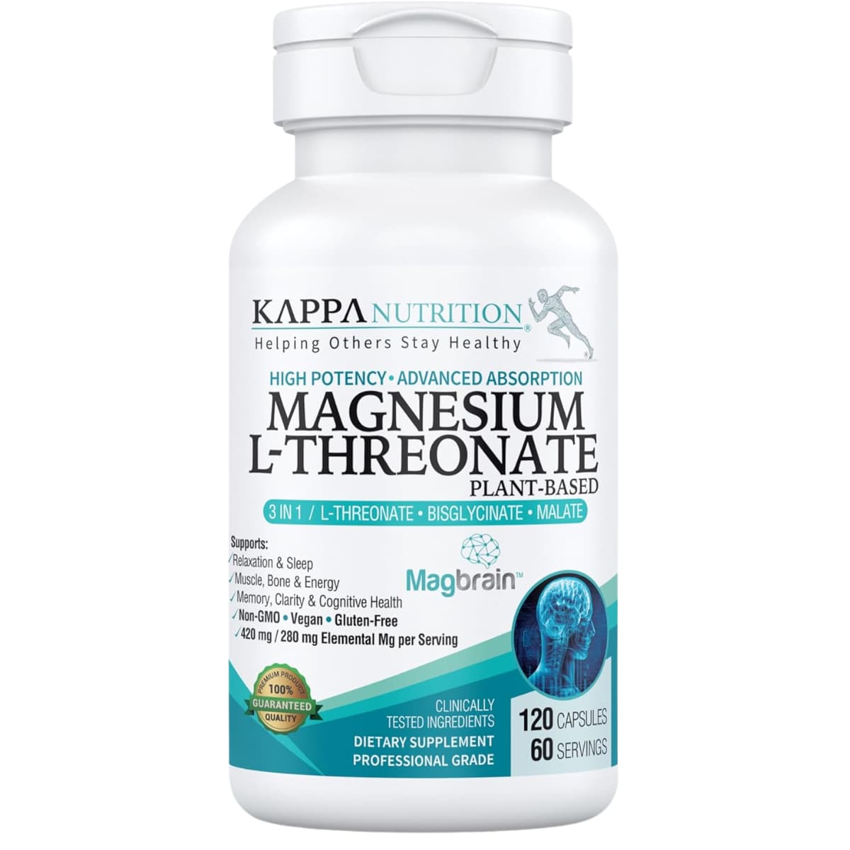 Frasco frontal de Kappa Nutrition Magbrain complejo de magnesio 3 en 1, 120 cápsulas.