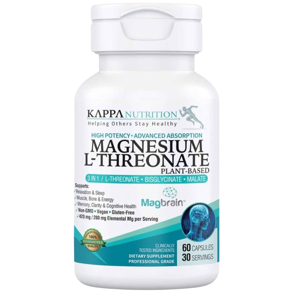Frasco frontal de Kappa Nutrition Magbrain complejo de magnesio 3 en 1, 60 cápsulas.