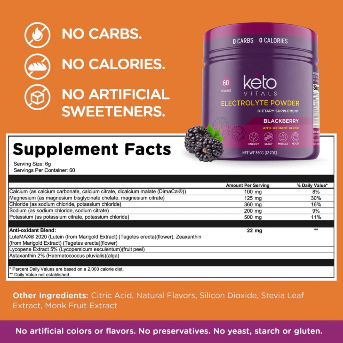 Tabla nutricional del suplemento Keto Vitals Electrolitos en Polvo Mora 360 g