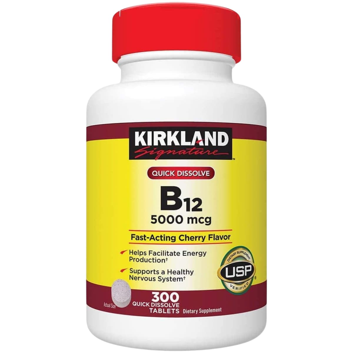 Frasco de suplemento Kirkland Signature Metilcobalamina B12 5000 mcg 300 tabletas