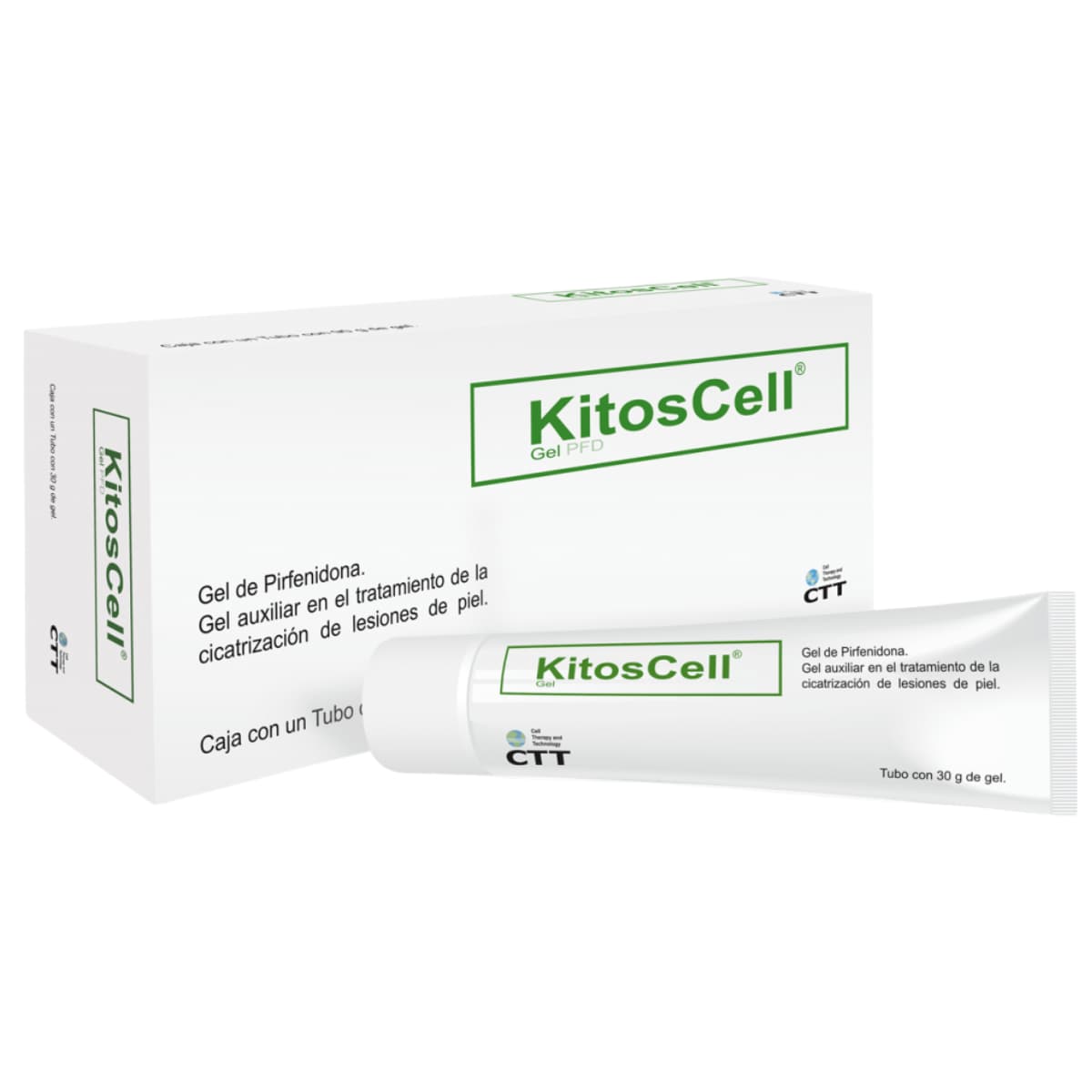 Caja y tubo de KitosCell Gel de Pirfenidona 30 g