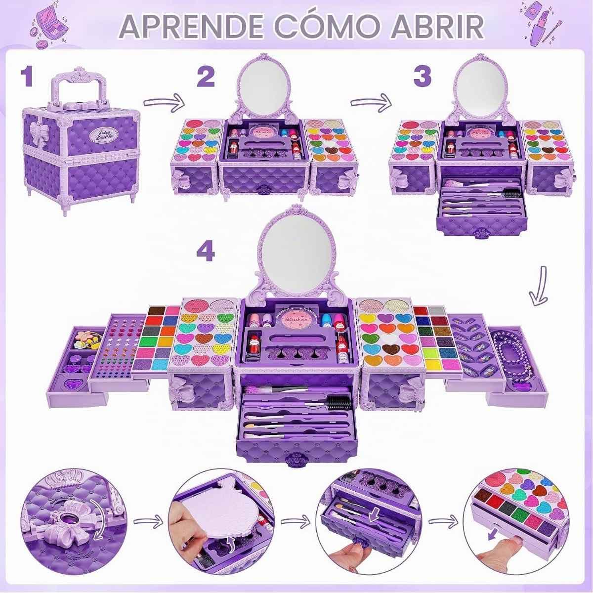 Kit de maquillaje Kuovei fucsia mostrado cerrado y desplegado con espejo y compartimentos.