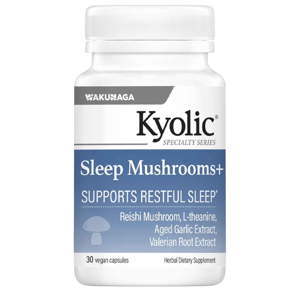 Frasco de suplemento Kyolic Sleep Mushrooms+ 30 cápsulas vegetales