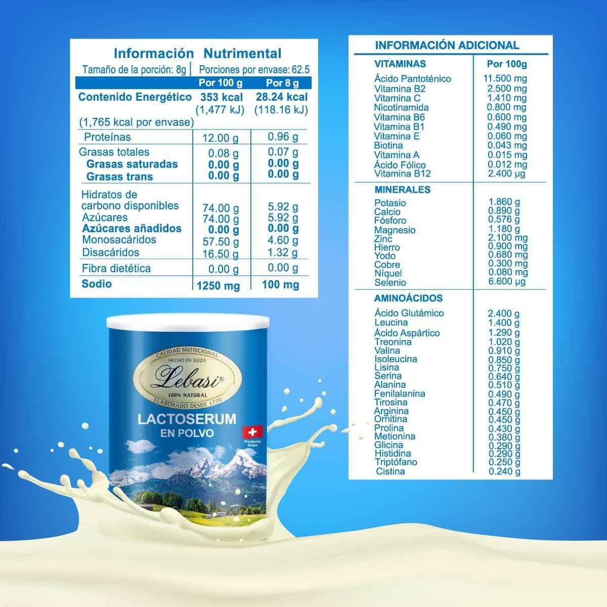 Tabla nutricional del suplemento Lebasi Lactosuero Suizo 500 g en Polvo