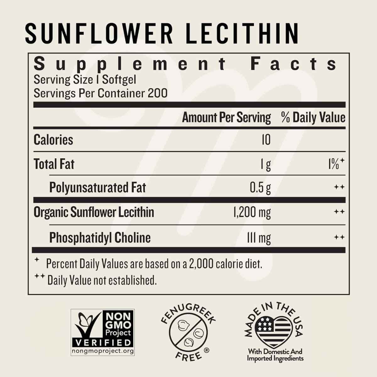 Tabla nutricional del suplemento Legendairy Milk Lecitina de Girasol Orgánica 200 cápsulas blandas