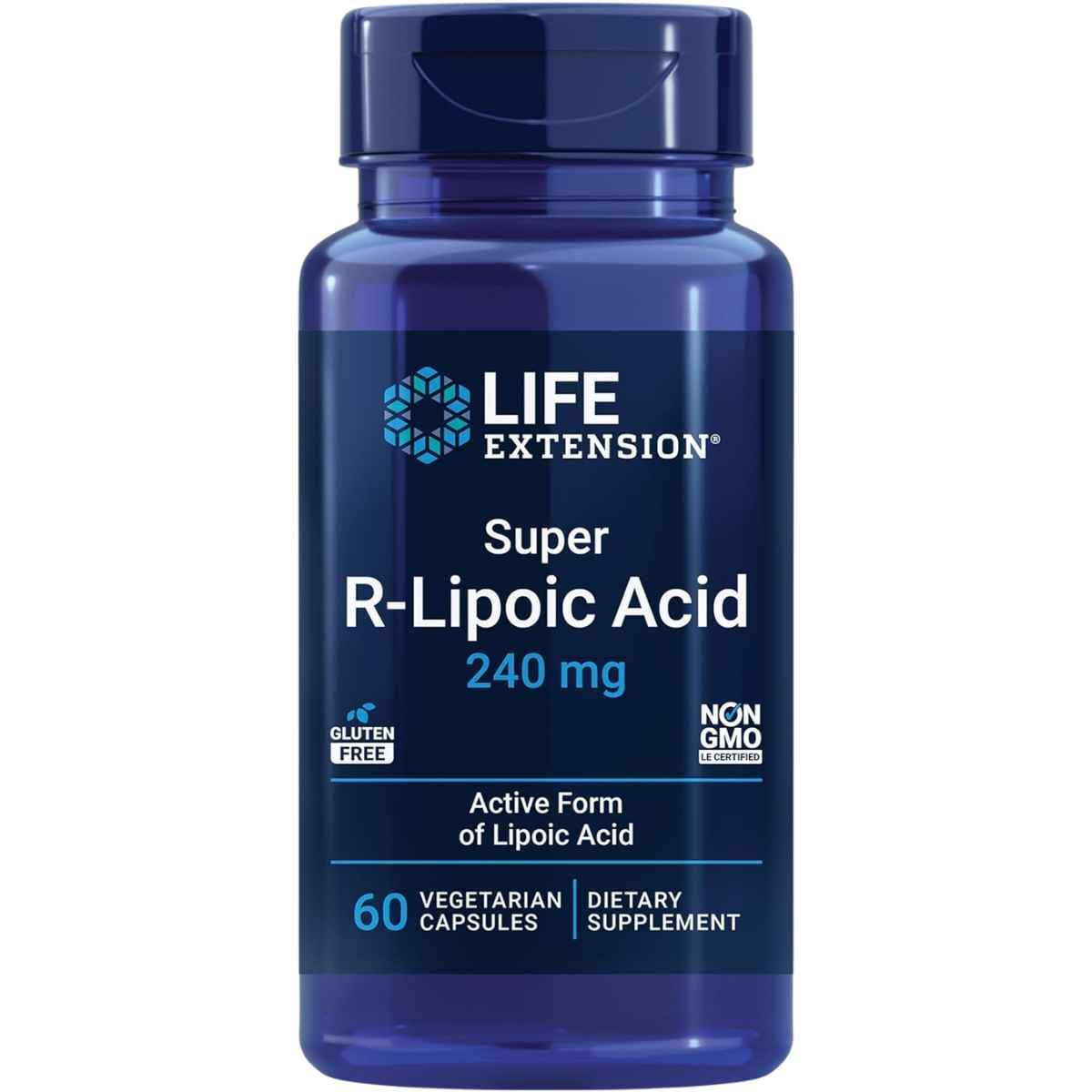 Frasco del suplemento Life Extension Ácido R‑Lipoico Súper 240 mg en cápsulas vegetarianas, presentación de 60 unidades.