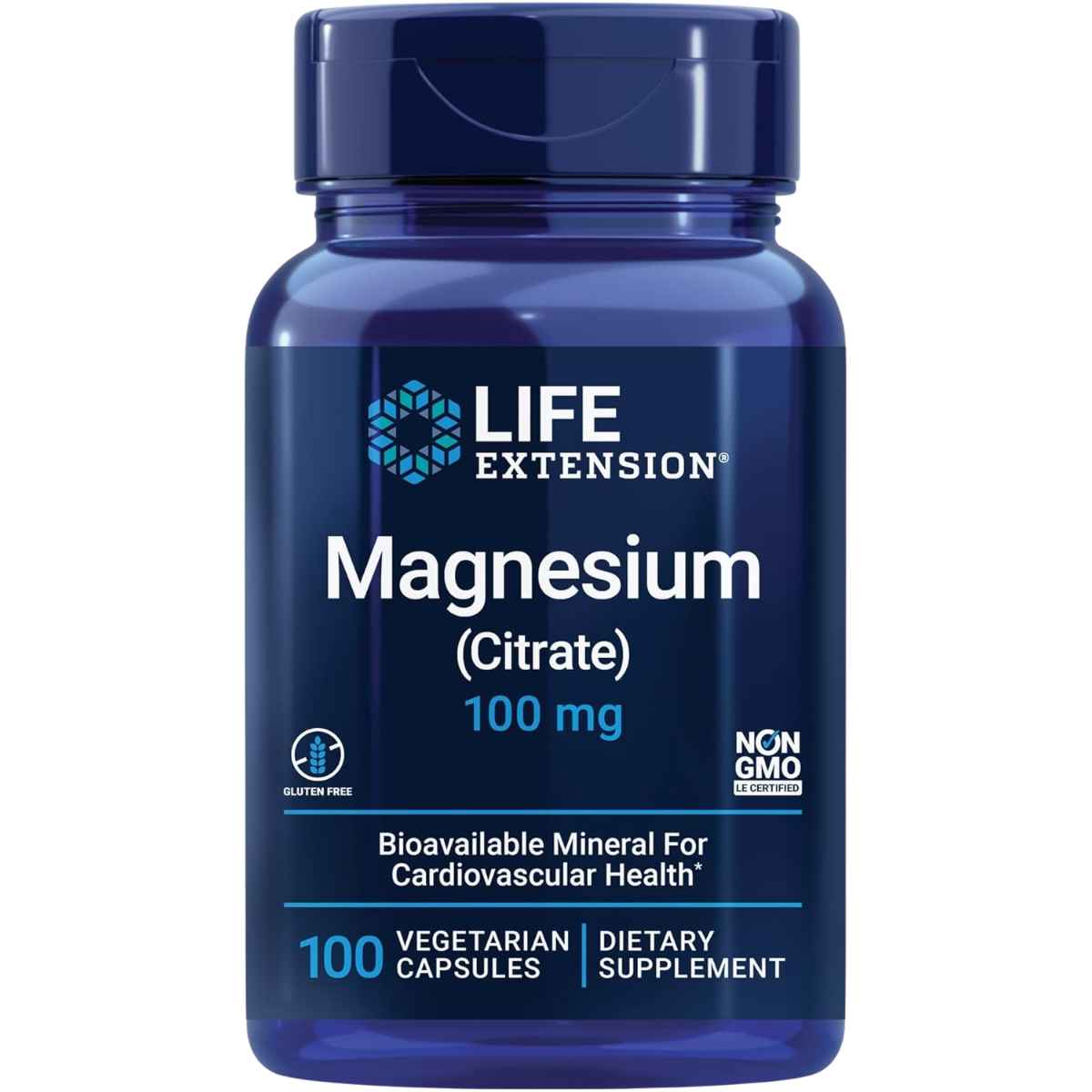 Frasco frontal de Life Extension citrato de magnesio 100 mg, presentación de 100 cápsulas vegetarianas.