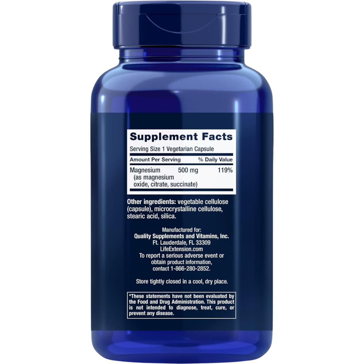Información del suplemento de Life Extension complejo de magnesio 500 mg, presentación de 270 cápsulas vegetarianas.
