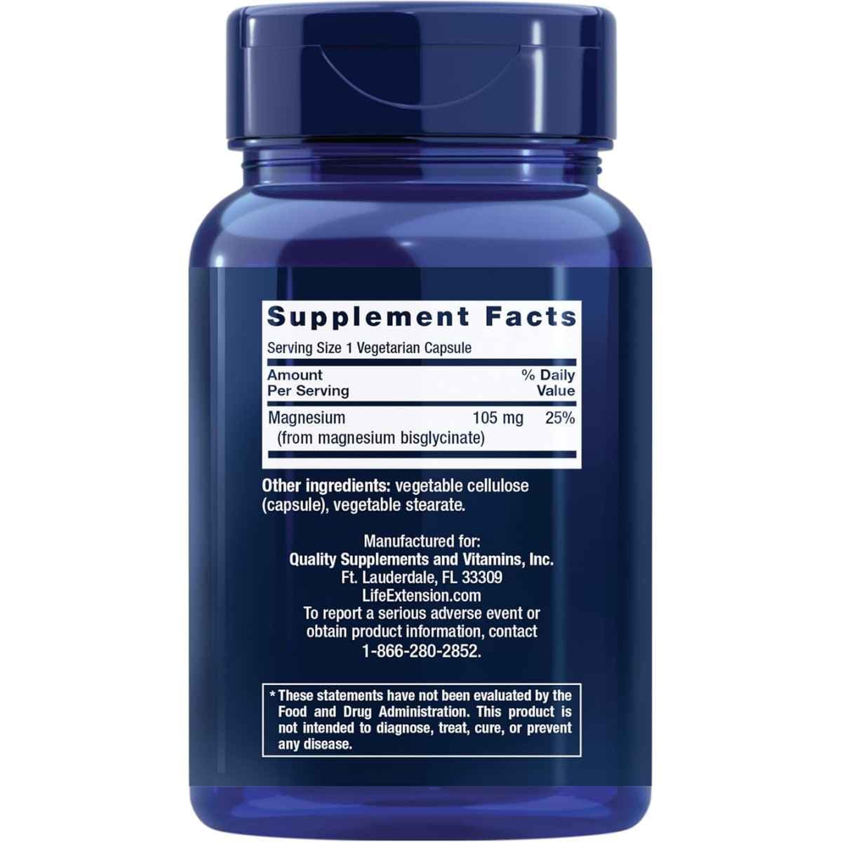 Tabla nutricional del suplemento Life Extension Glicinato de Magnesio 90 Cápsulas Vegetarianas