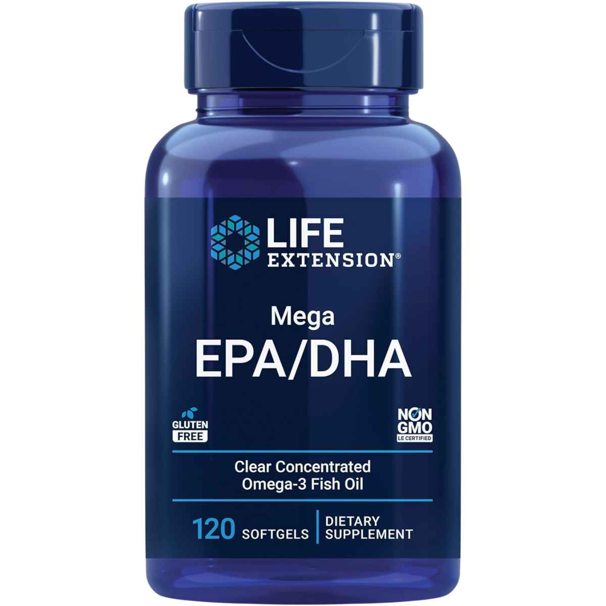 Frasco de Life Extension Mega EPA/DHA, presentación de 120 cápsulas blandas.