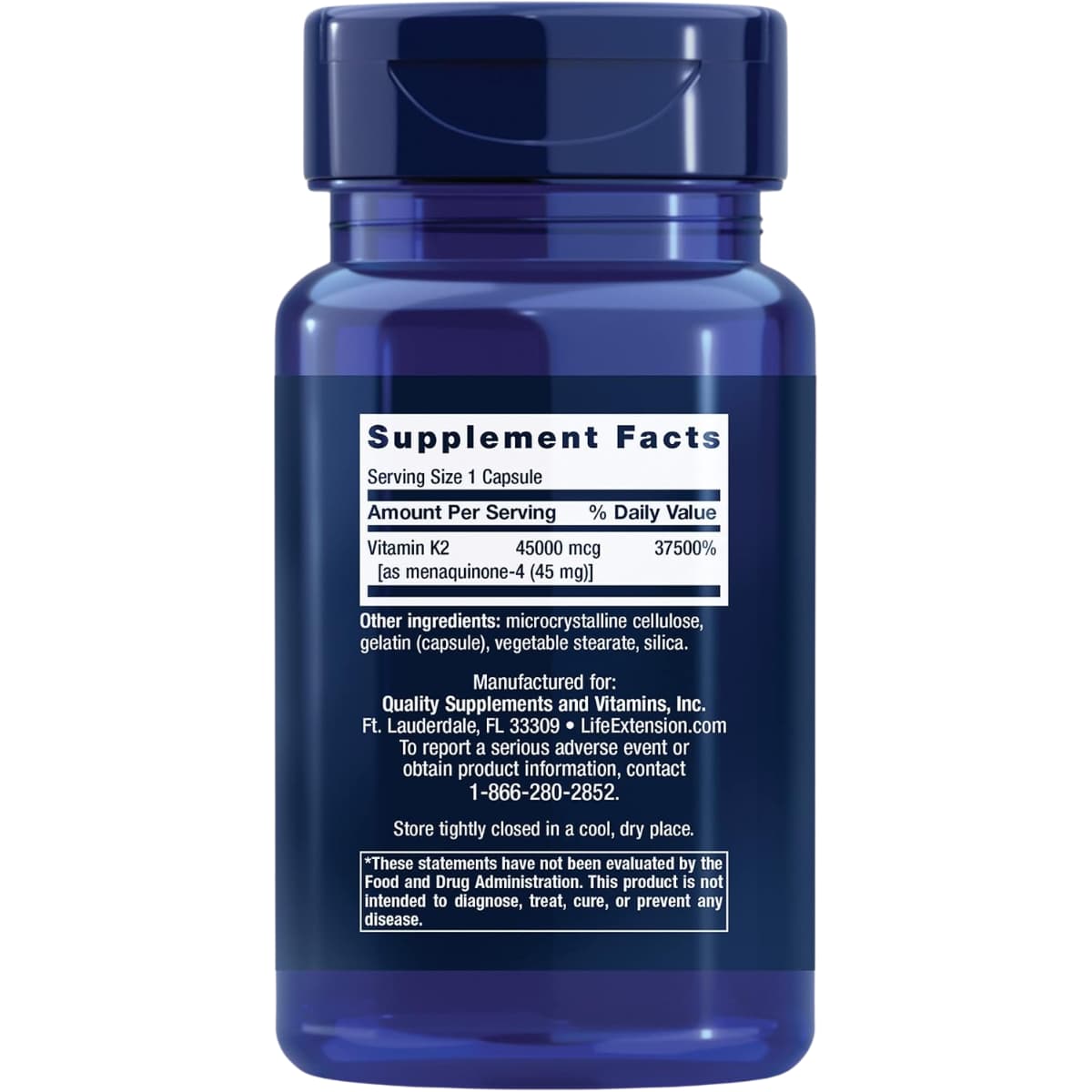 Información del suplemento Life Extension Mega vitamina K2 MK-4 45 mg, 30 cápsulas