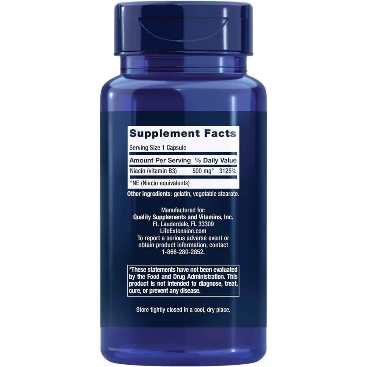 Tabla nutricional del suplemento Life Extension Niacina (Vitamina B3) 500 mg 100 Cápsulas