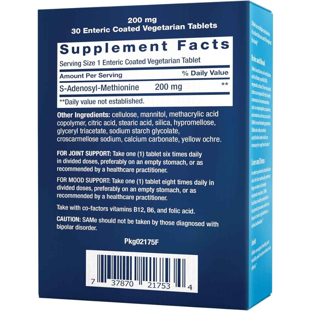 Tabla nutricional del suplemento Life Extension SAMe 200 mg 30 tabletas