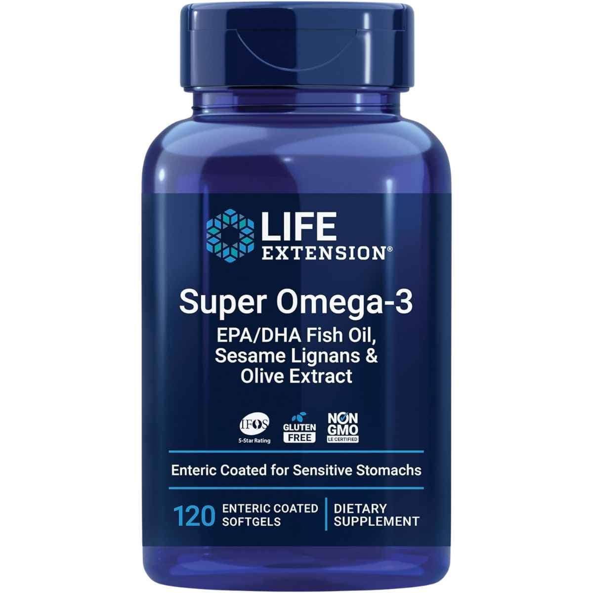 Frasco de suplemento Life Extension Super Omega-3 EPA/DHA 2000 mg 120 cápsulas blandas