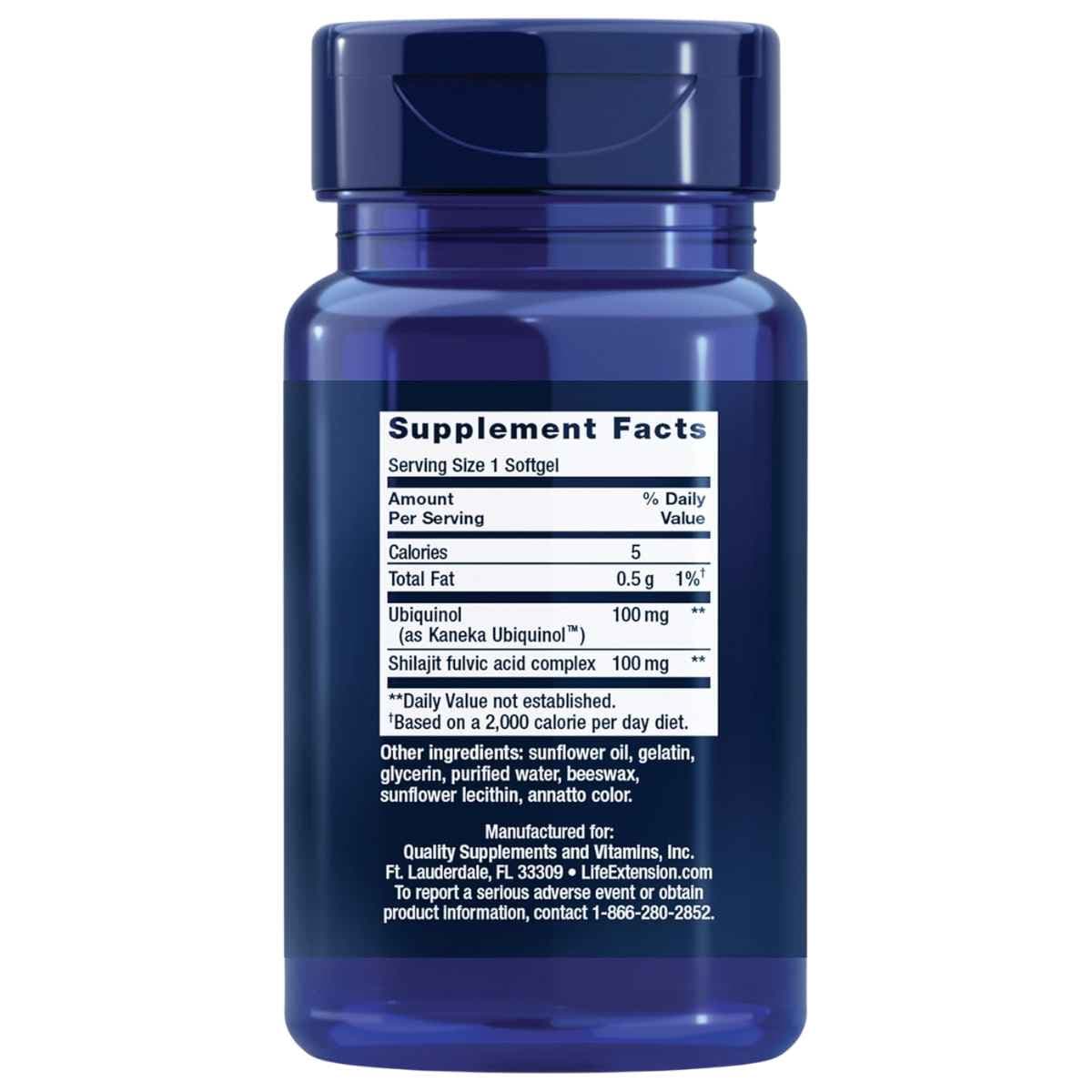 Tabla nutricional del suplemento Life Extension Super Ubiquinol CoQ10 100 mg 60 cápsulas blandas