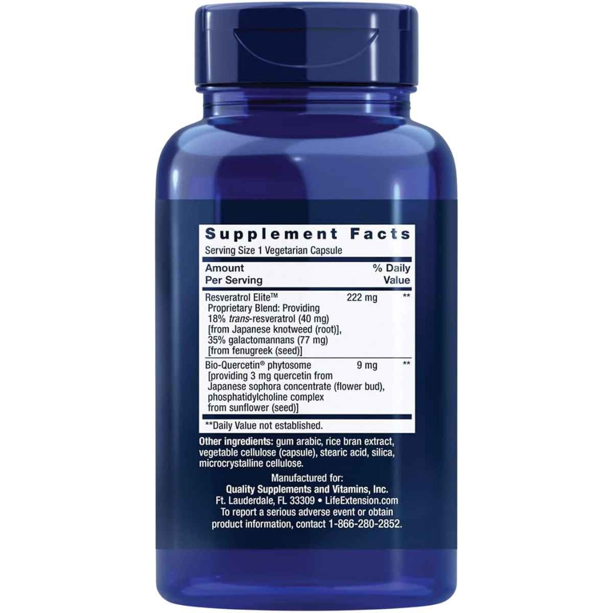 abla nutricional del suplemento Life Extension Trans-resveratrol 250 mg 60 cápsulas