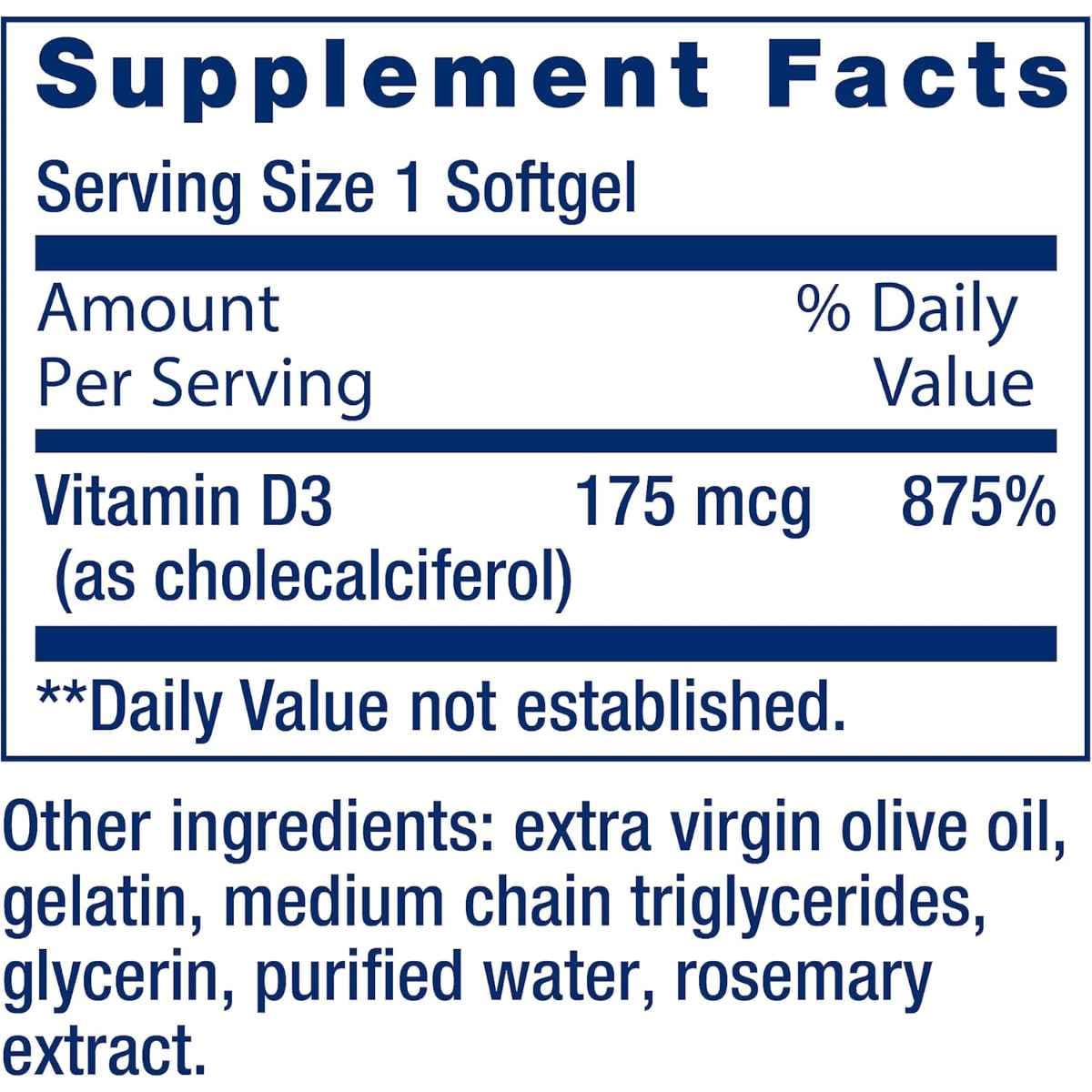 Tabla nutricional del suplemento Life Extension Vitamina D3 175 mcg 60 cápsulas blandas