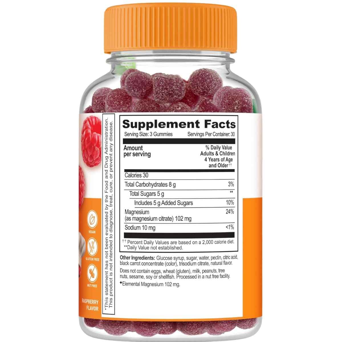 Panel de información del suplemento de Lifeable Kids Citrato de magnesio en gomitas con 102 mg de magnesio y 30 porciones por envase.