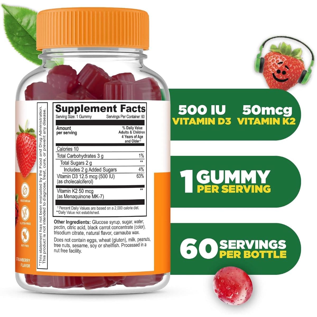 Etiqueta posterior de Lifeable Kids D3 y K2 con información nutricional, ingredientes y cantidades por gomita.