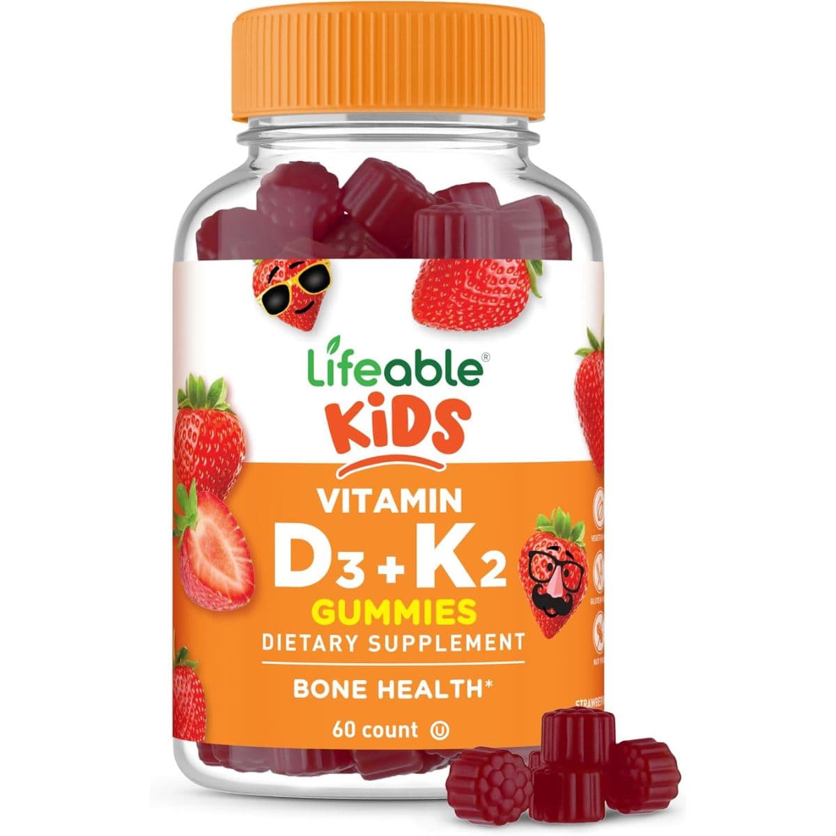 Frasco frontal de Lifeable Kids con vitaminas D3 y K2, sabor fresa y 60 gomitas.