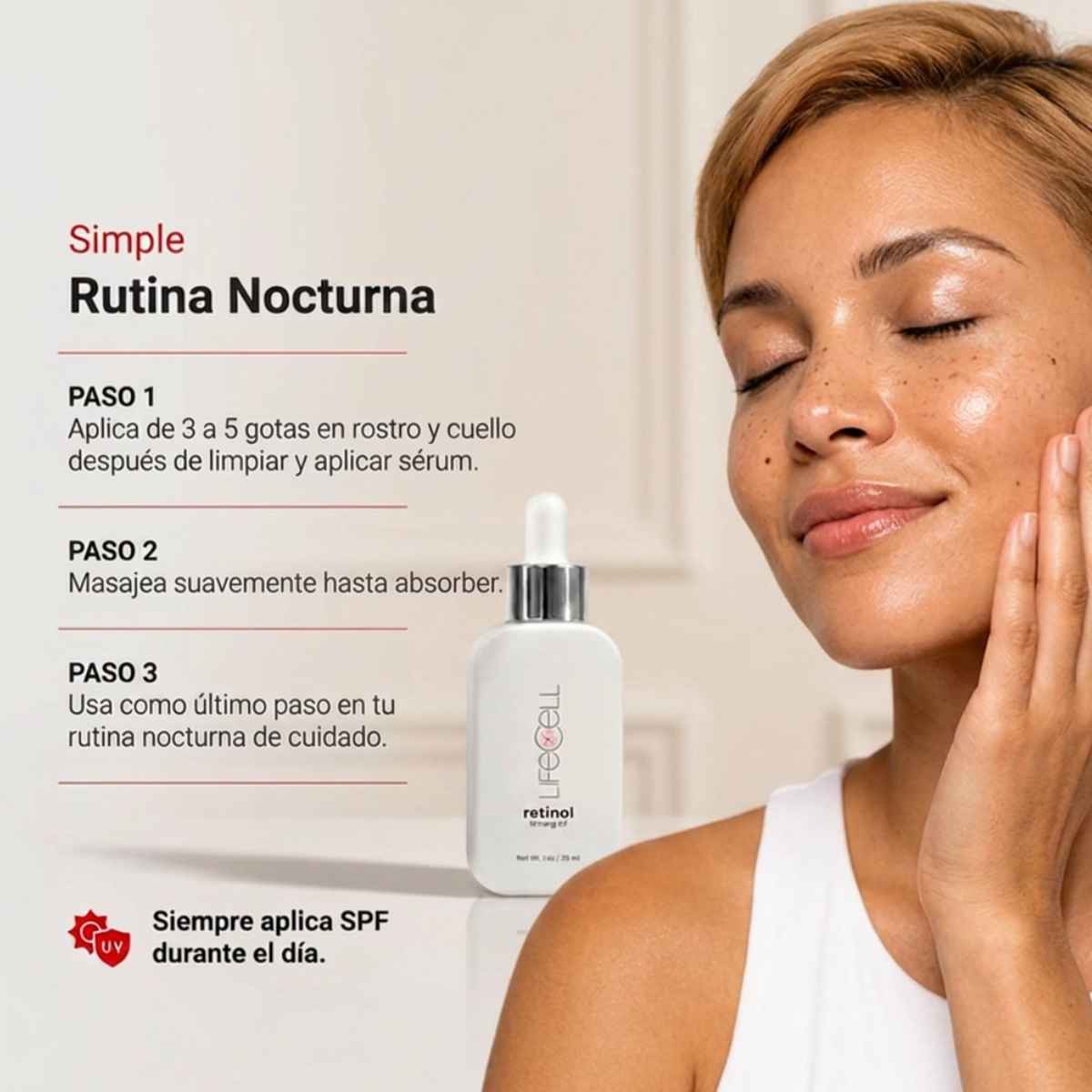 Modo de uso nocturno del aceite facial LifeCell con retinol