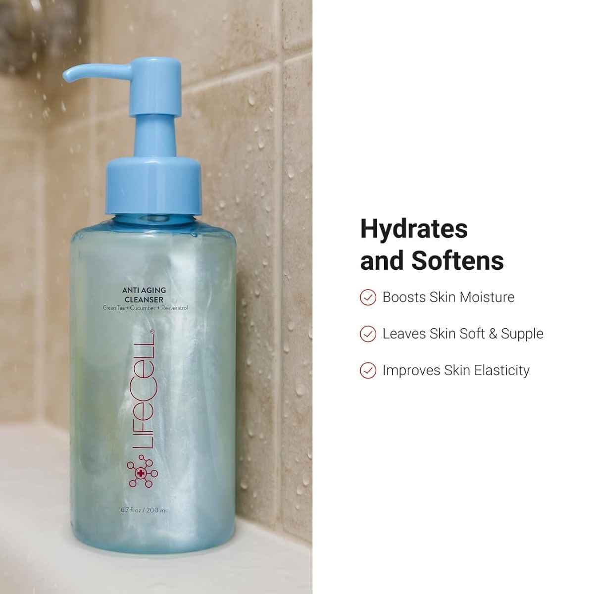 Envase de LifeCell Anti Aging Cleanser con dispensador e infografía sobre hidratación, suavidad y elasticidad de la piel