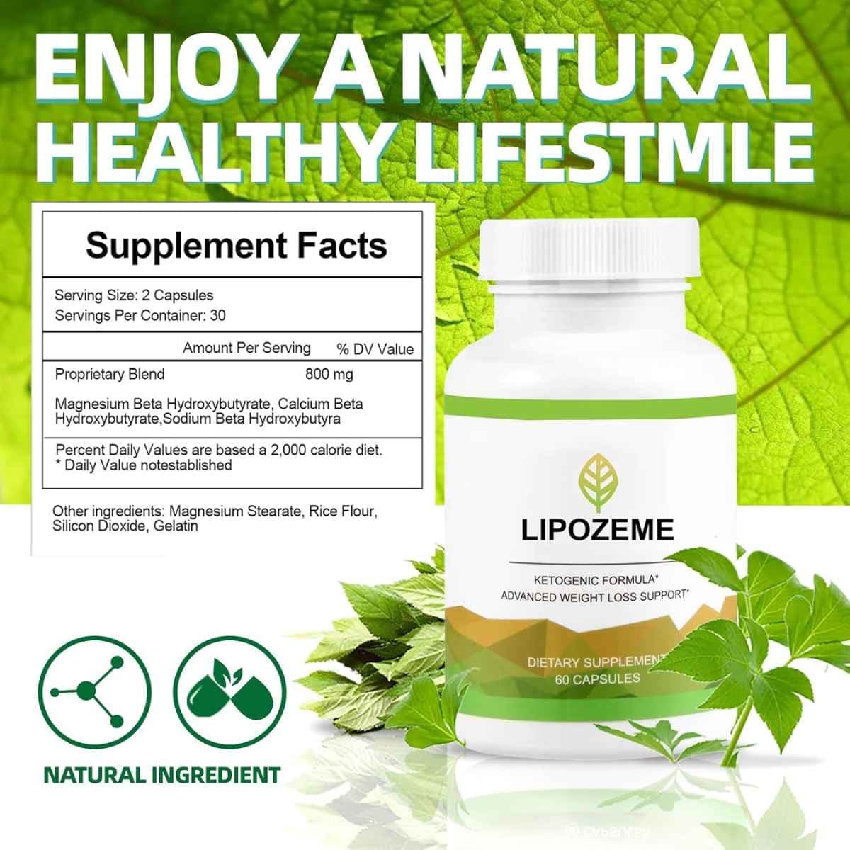 Tabla nutricional del suplemento Lipozem Fórmula Cetogénica con BHB 60 Cápsulas