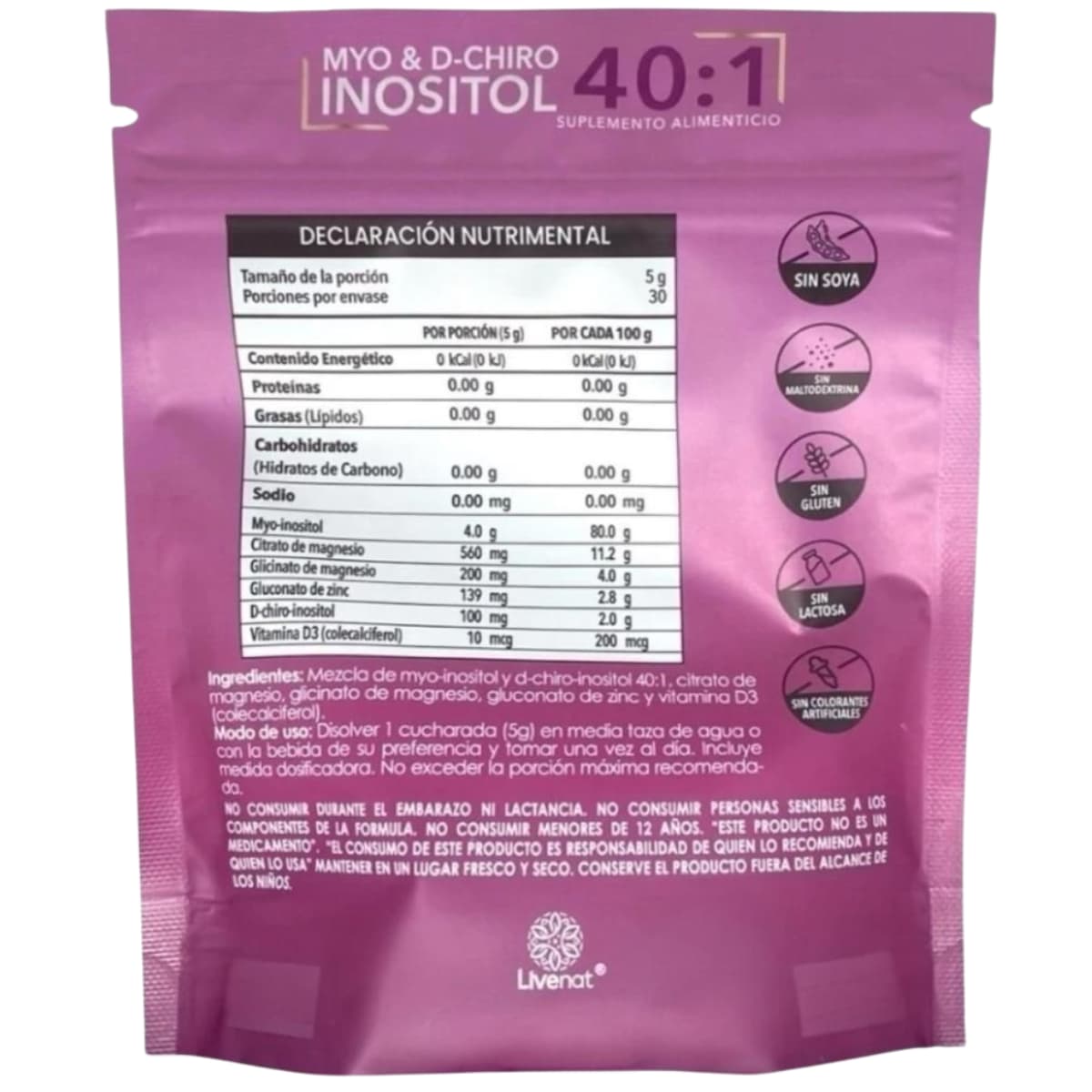 Bolsa posterior de Livenat Myo & D-Chiro Inositol 40:1 con declaración nutricional.