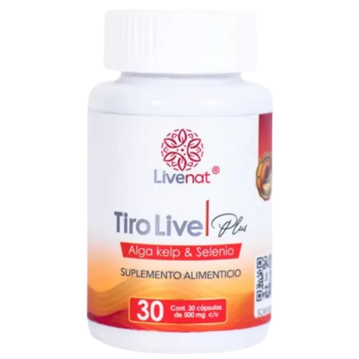 Frasco frontal de Livenat Tiro Live Plus con alga kelp y selenio, presentación de 30 cápsulas.