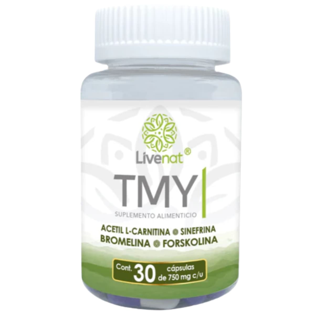 Frasco frontal de Livenat TMY, presentación de 30 cápsulas.