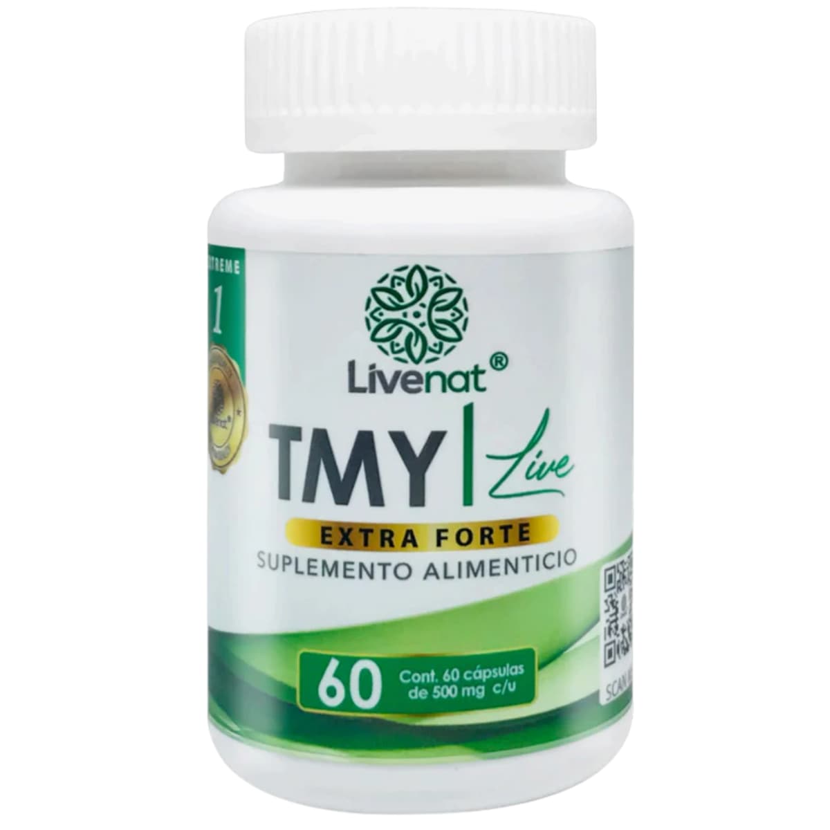 Frasco frontal de Livenat TMY Live Extra Forte con 60 cápsulas